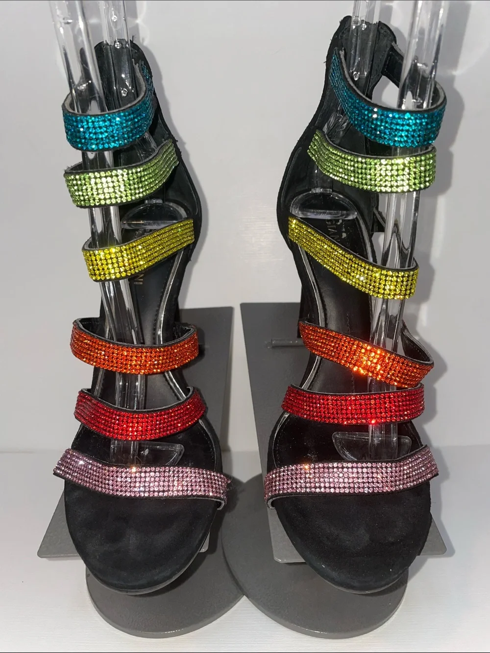 Gianni Bini Black Strappy High Heel Sandal with Multicolor Crystal Straps - Sz 7